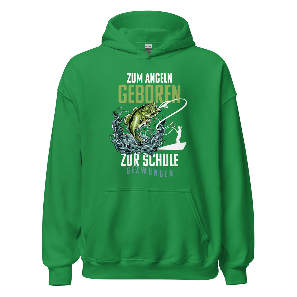 Stylischer Hoodie mit dem Spruch "Angeln geboren, Schule gezwungen!" - Jetzt entdecken!