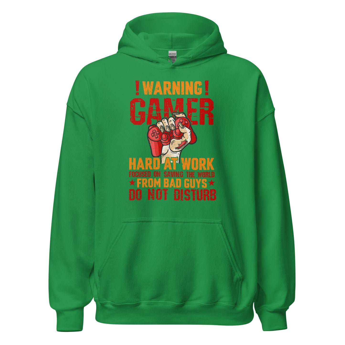 Hochwertiger Gaming-Kapuzenpullover | Spruch: "Warning! Gamer hard at Work!"