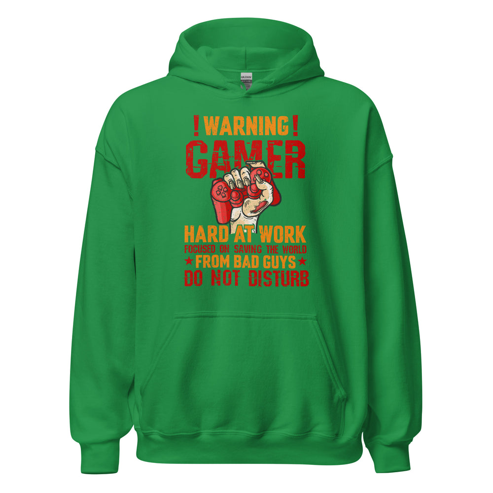 Hochwertiger Gaming-Kapuzenpullover | Spruch: "Warning! Gamer hard at Work!"