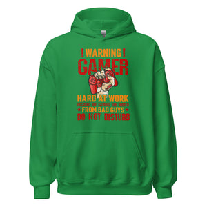 Hochwertiger Gaming-Kapuzenpullover | Spruch: "Warning! Gamer hard at Work!"