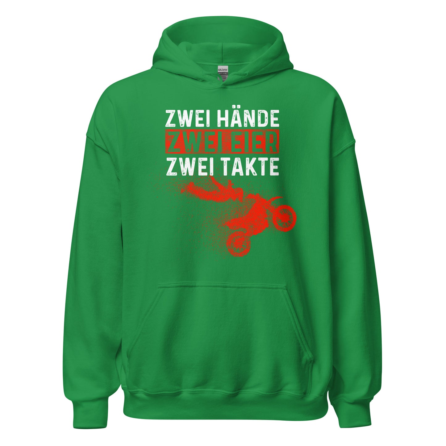 Lustiger Motocross Kapuzenpullover: "Zwei Hände, Zwei Eier, Zwei Takte - Motocross Action!"