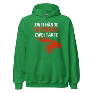 Lustiger Motocross Kapuzenpullover: "Zwei Hände, Zwei Eier, Zwei Takte - Motocross Action!"