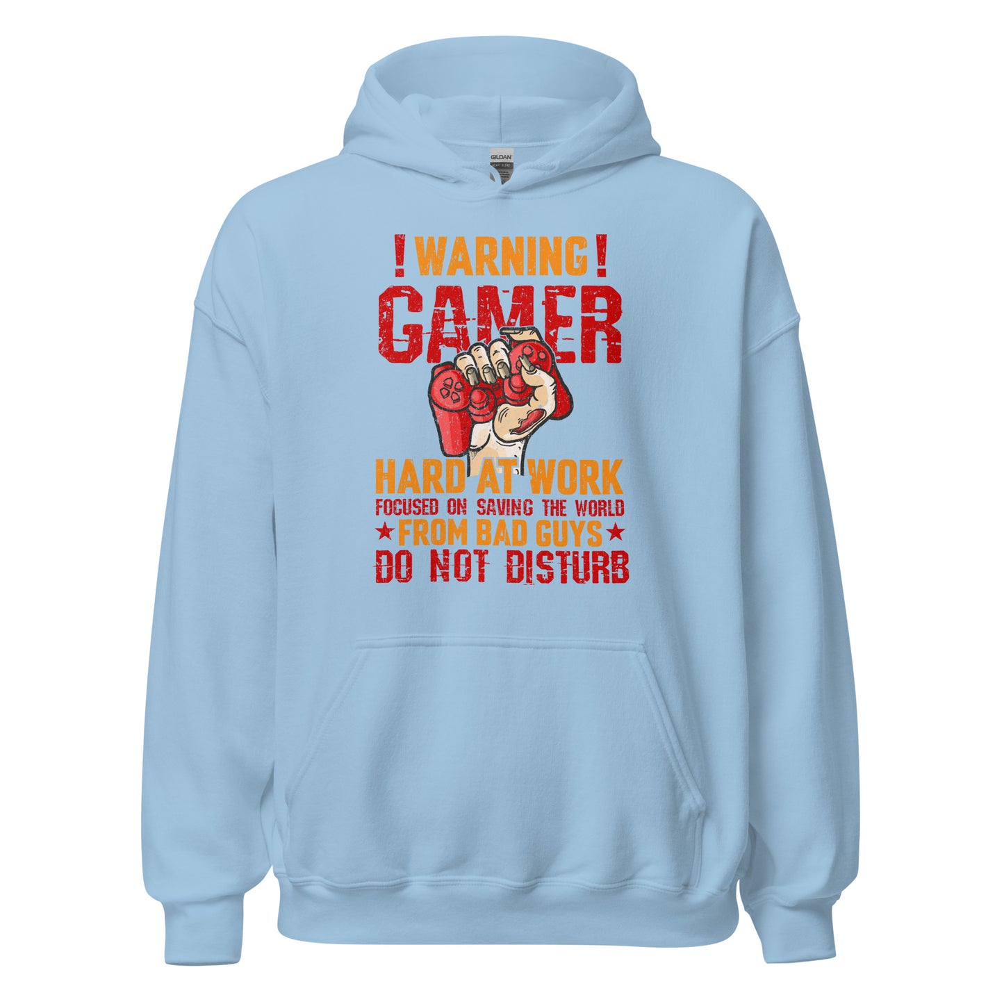 Hochwertiger Gaming-Kapuzenpullover | Spruch: "Warning! Gamer hard at Work!"