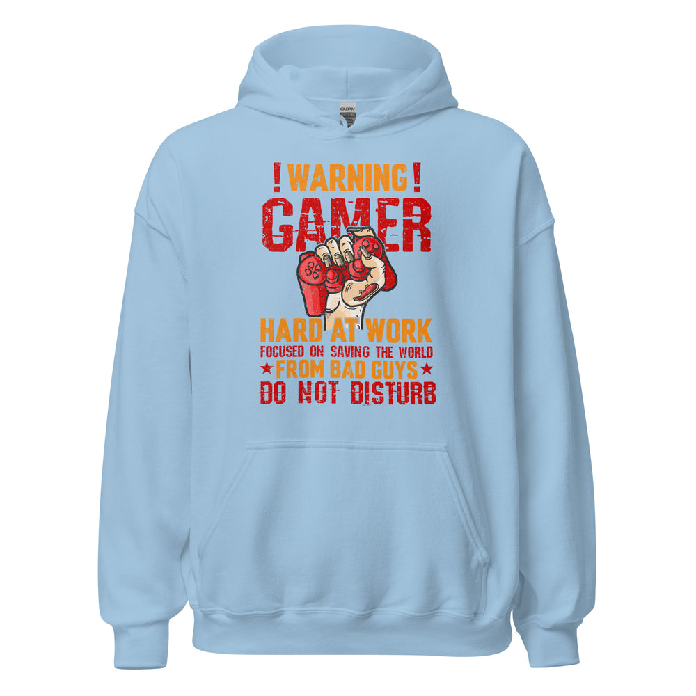 Hochwertiger Gaming-Kapuzenpullover | Spruch: "Warning! Gamer hard at Work!"