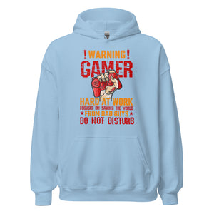 Hochwertiger Gaming-Kapuzenpullover | Spruch: "Warning! Gamer hard at Work!"