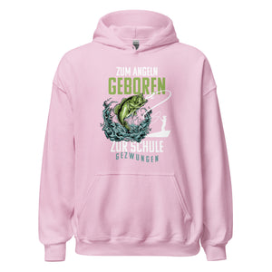 Stylischer Hoodie mit dem Spruch "Angeln geboren, Schule gezwungen!" - Jetzt entdecken!