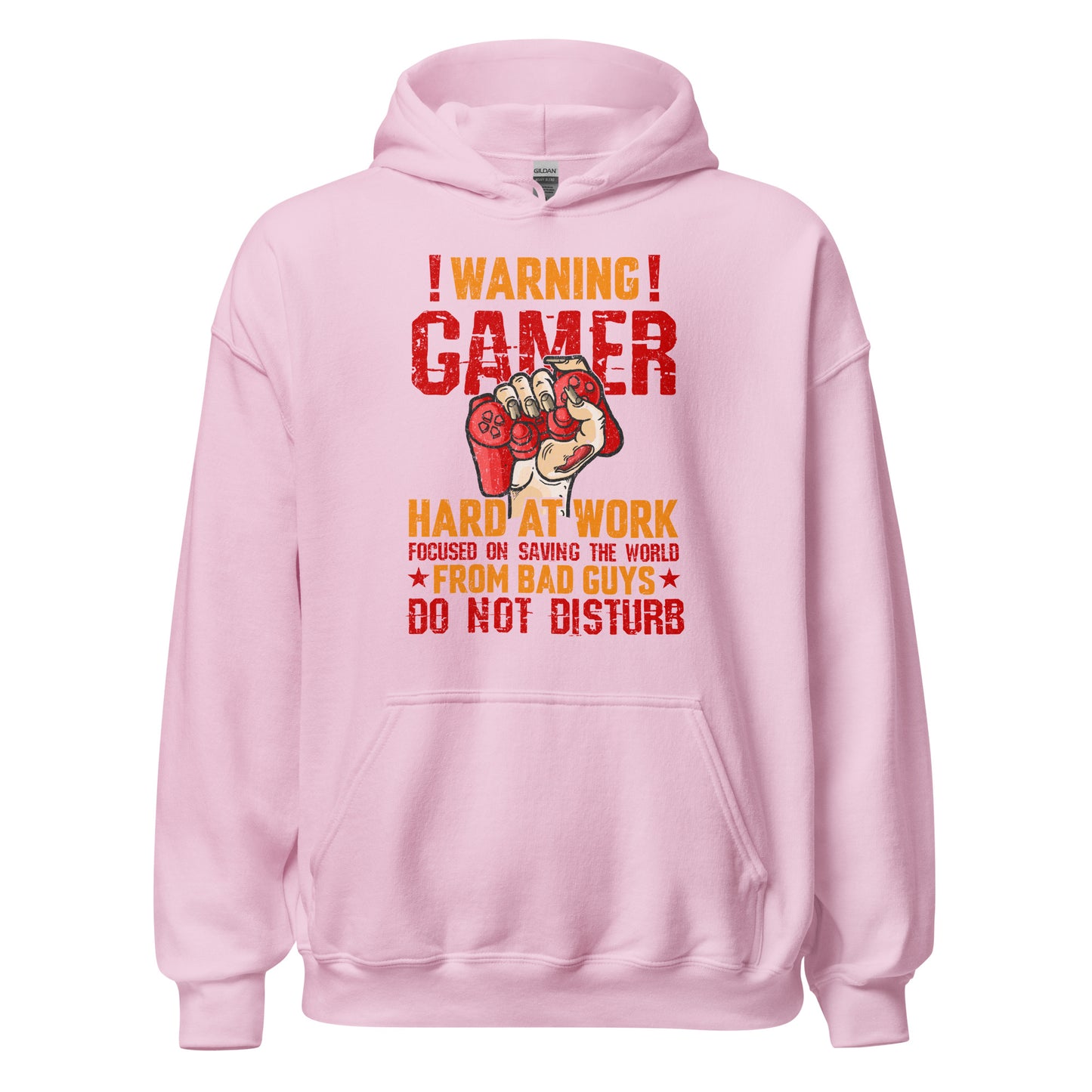 Hochwertiger Gaming-Kapuzenpullover | Spruch: "Warning! Gamer hard at Work!"