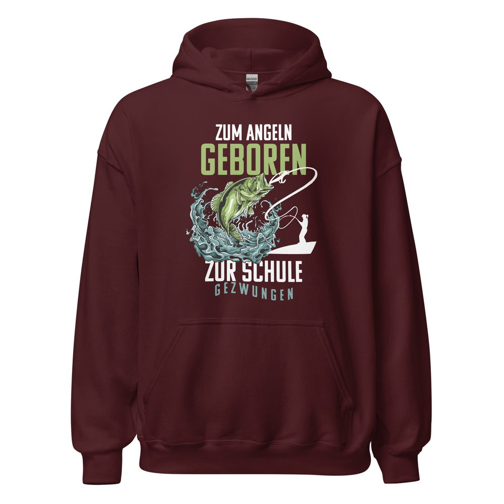 Stylischer Hoodie mit dem Spruch "Angeln geboren, Schule gezwungen!" - Jetzt entdecken!