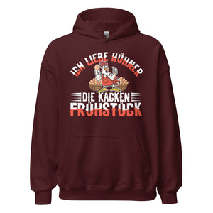 Lustiger Hoodie mit Spruch "Ich liebe Hühner, die kacken Frühstück"