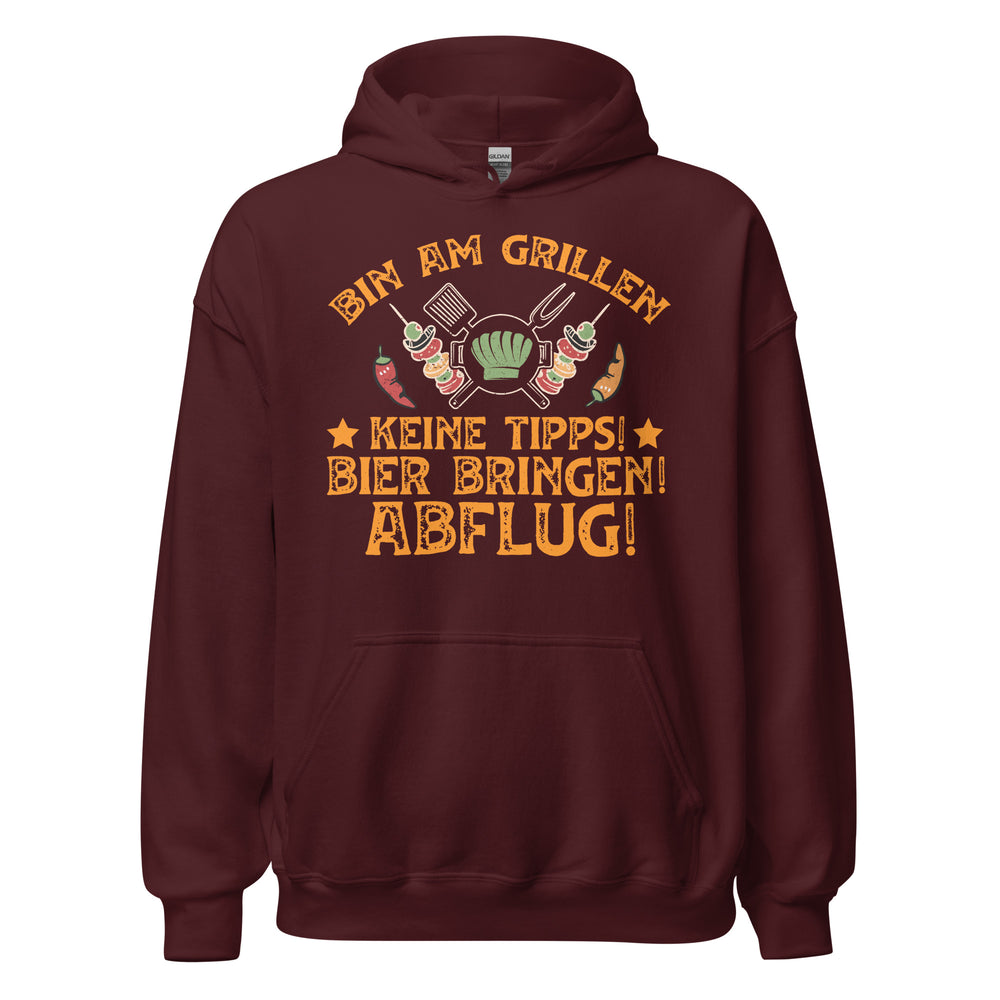 Cooler Grill-Kapuzenpullover | Spruch: "Bin am Grillen! Keine Tipps! Bier bringen, Abflug!"