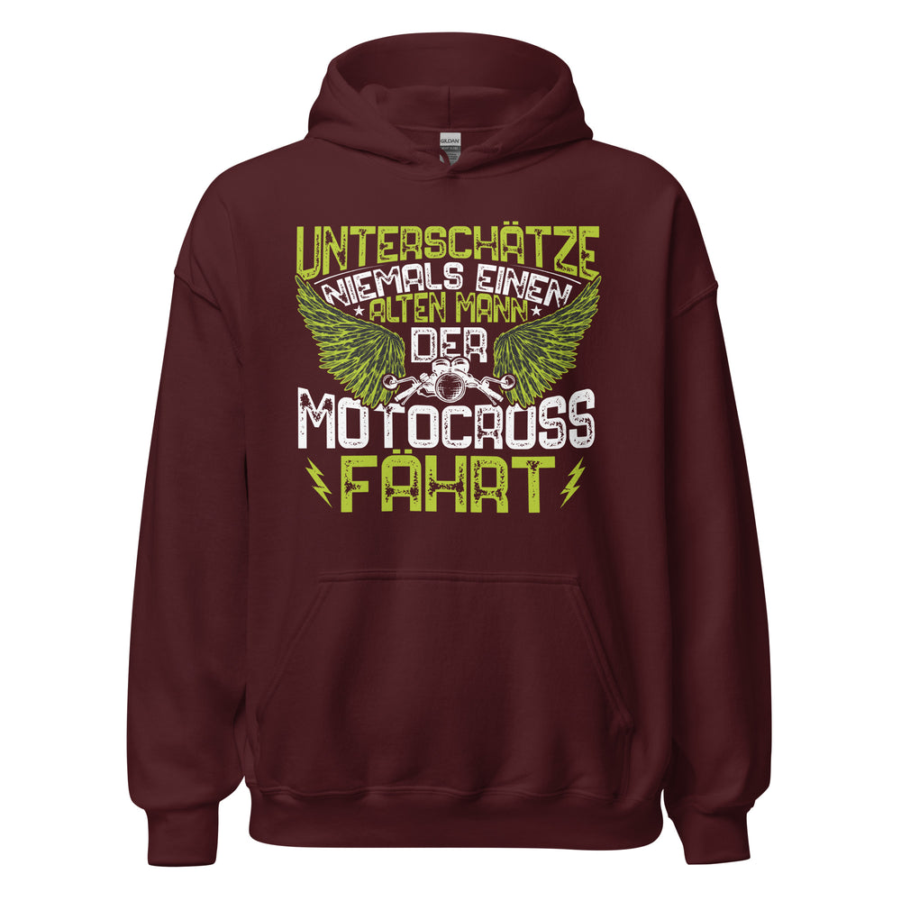 Cooler Motocross-Kapuzenpullover | Spruch: "Unterschätze niemals einen alten Mann!"