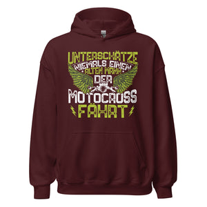 Cooler Motocross-Kapuzenpullover | Spruch: "Unterschätze niemals einen alten Mann!"