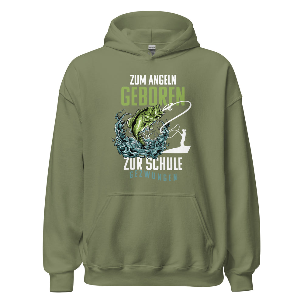 Stylischer Hoodie mit dem Spruch "Angeln geboren, Schule gezwungen!" - Jetzt entdecken!