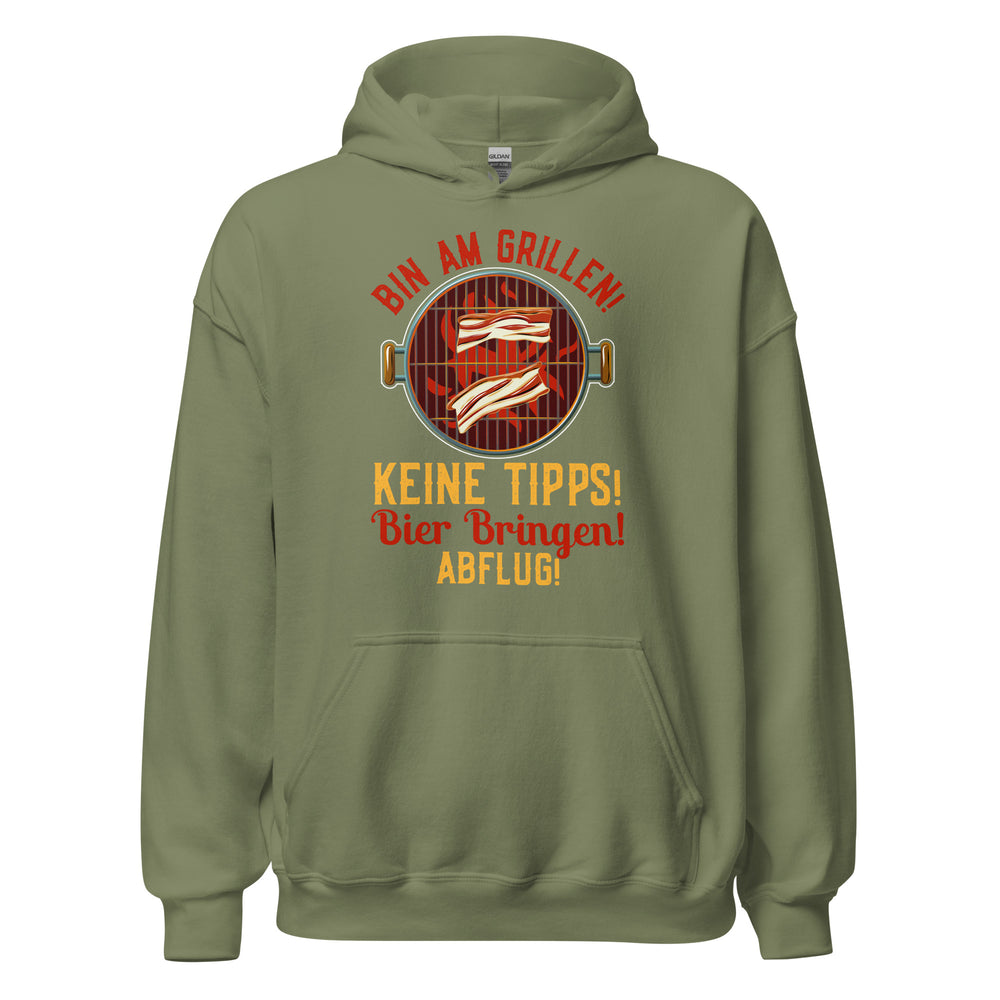 Cooler Grill-Kapuzenpullover | Spruch: "Bin am GRILLEN, keine Tipps, Bier her, Abflug!"