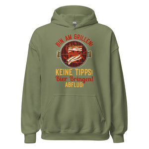 Cooler Grill-Kapuzenpullover | Spruch: "Bin am GRILLEN, keine Tipps, Bier her, Abflug!"