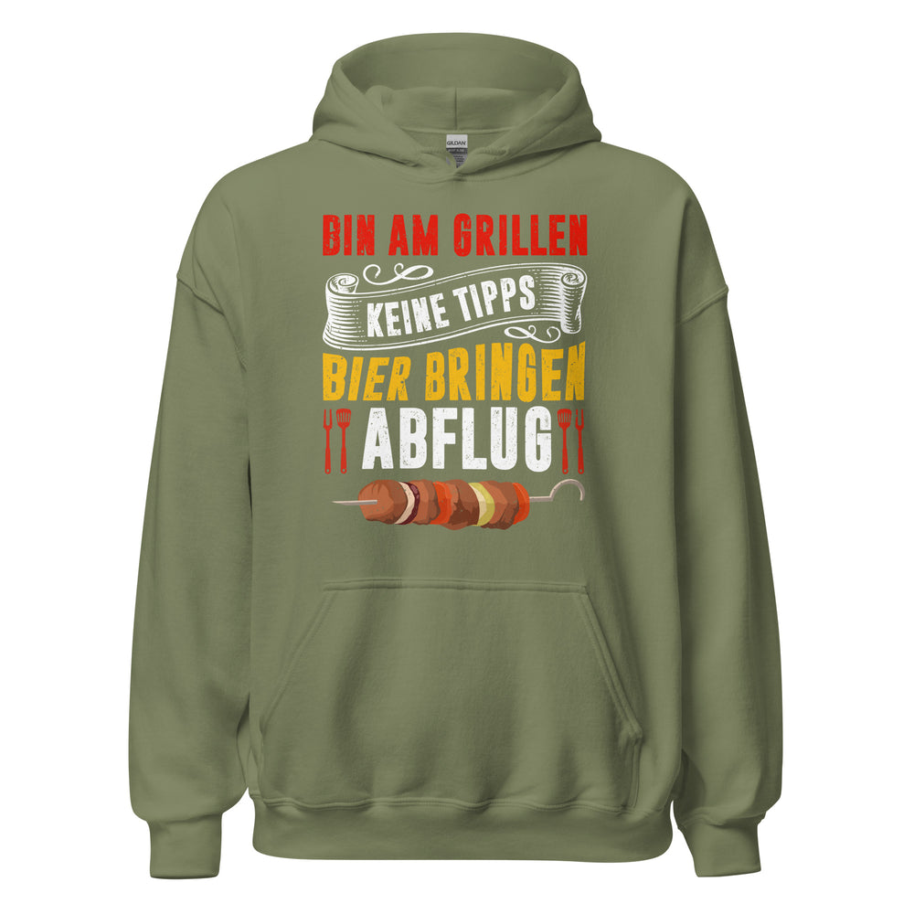 Trendiger Grill-Kapuzenpullover | Spruch: "Bin am Grillen! Keine Tipps! Bier bringen! Abflug!"