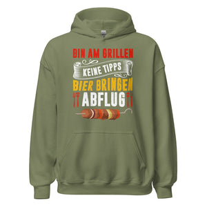 Trendiger Grill-Kapuzenpullover | Spruch: "Bin am Grillen! Keine Tipps! Bier bringen! Abflug!"