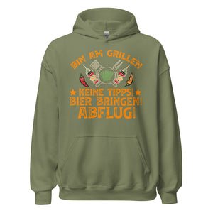 Cooler Grill-Kapuzenpullover | Spruch: "Bin am Grillen! Keine Tipps! Bier bringen, Abflug!"