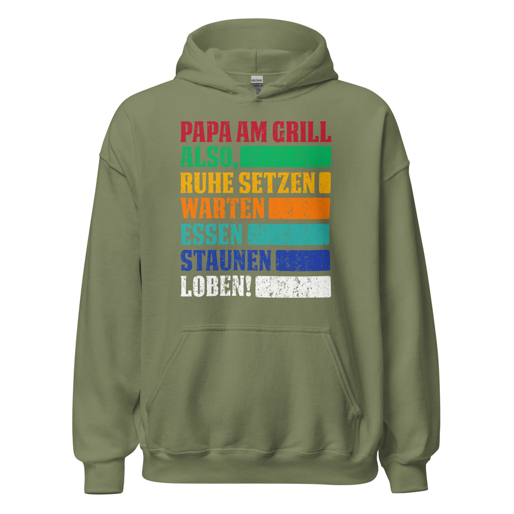 Stolzer Papa Grill-Kapuzenpullover | Spruch: "Papa am Grill! Ruhe, setzen, warten, essen, staunen, LOBEN!"