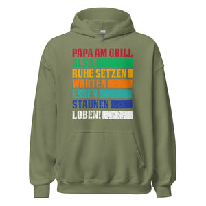 Stolzer Papa Grill-Kapuzenpullover | Spruch: "Papa am Grill! Ruhe, setzen, warten, essen, staunen, LOBEN!"