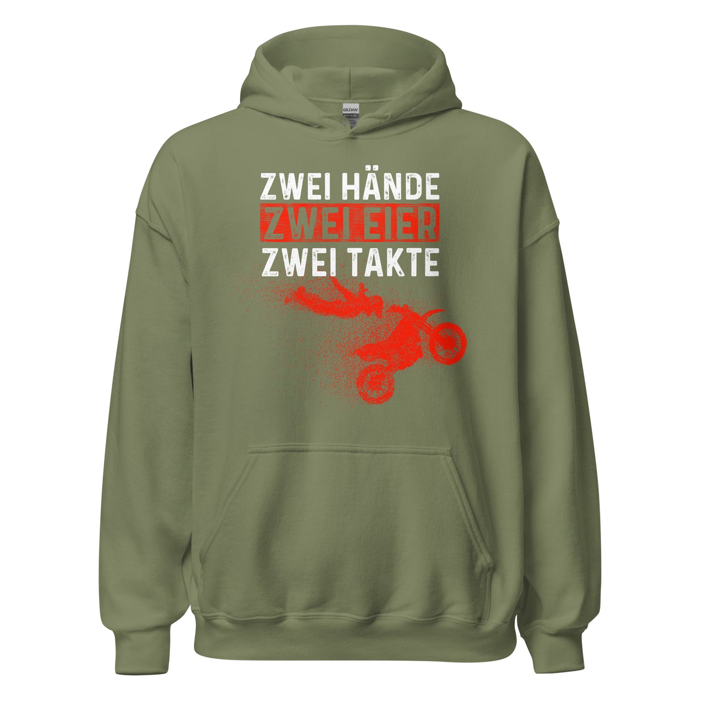 Lustiger Motocross Kapuzenpullover: "Zwei Hände, Zwei Eier, Zwei Takte - Motocross Action!"