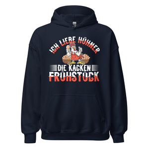 Lustiger Hoodie mit Spruch "Ich liebe Hühner, die kacken Frühstück"