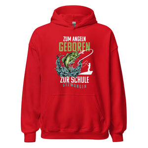 Stylischer Hoodie mit dem Spruch "Angeln geboren, Schule gezwungen!" - Jetzt entdecken!