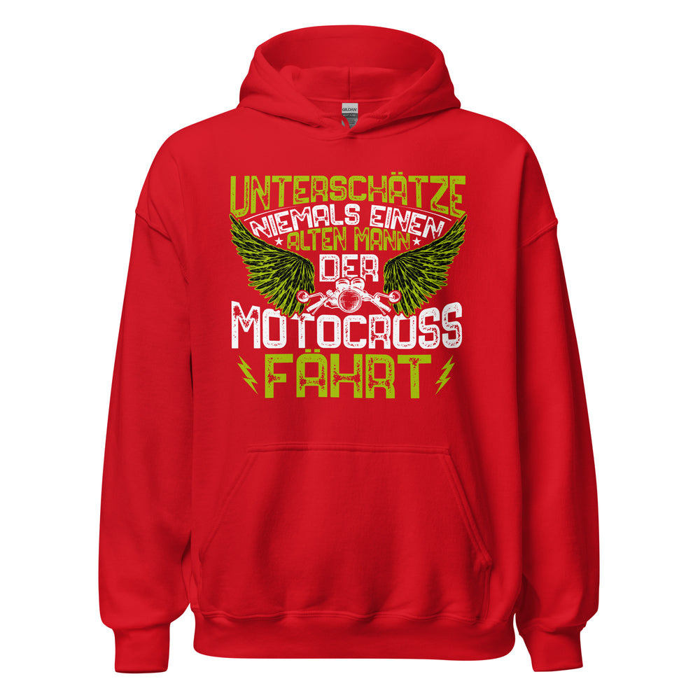 Cooler Motocross-Kapuzenpullover | Spruch: "Unterschätze niemals einen alten Mann!"