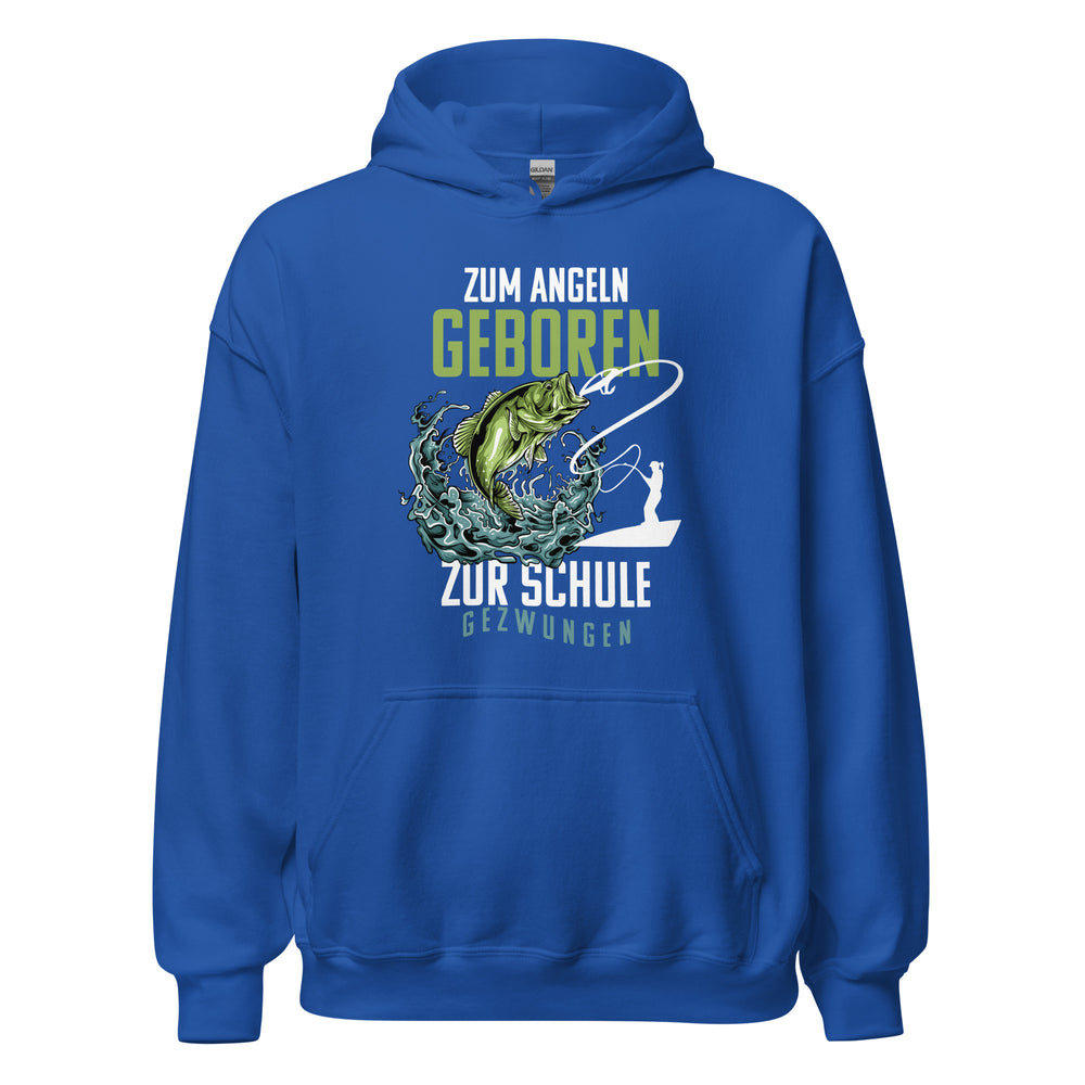 Stylischer Hoodie mit dem Spruch "Angeln geboren, Schule gezwungen!" - Jetzt entdecken!