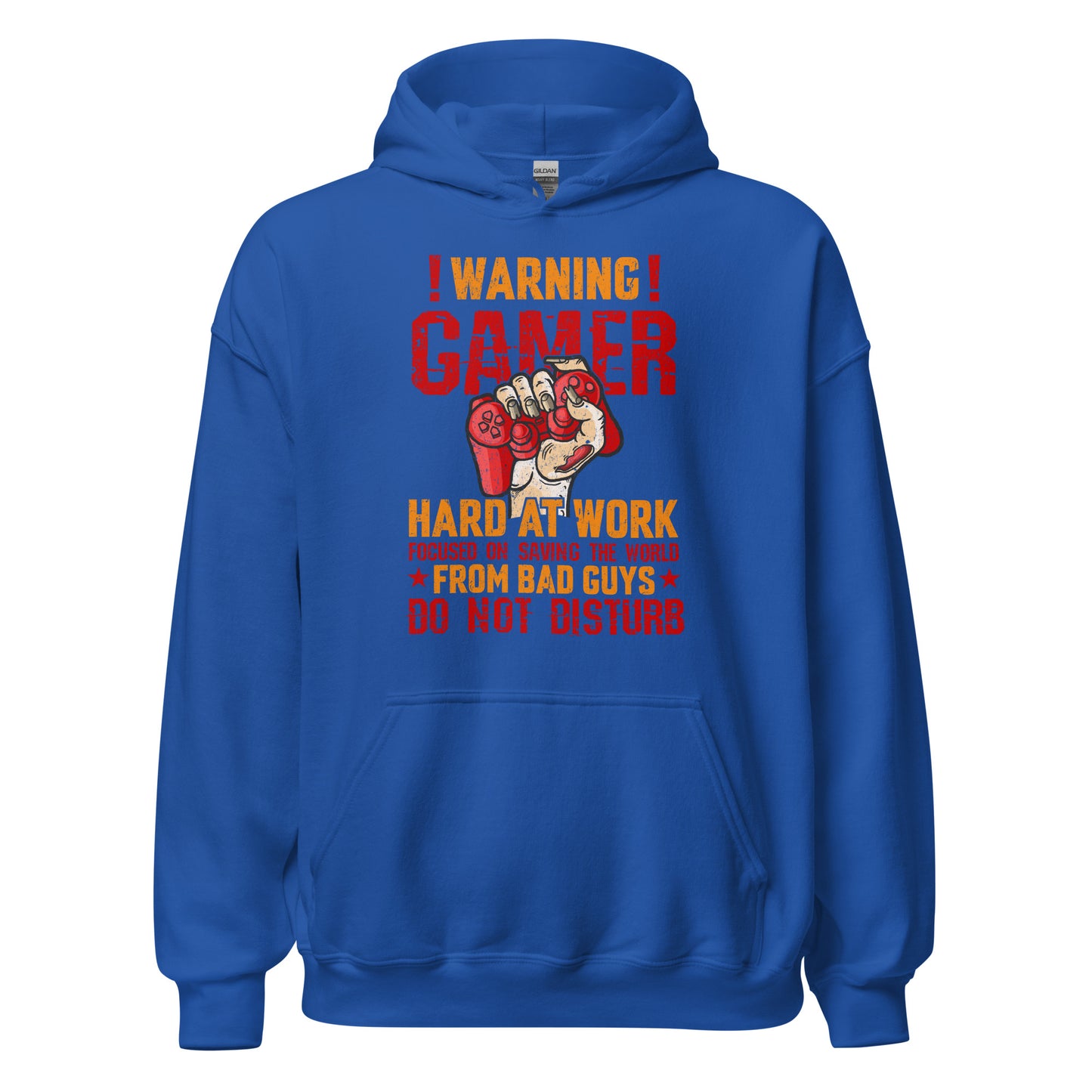 Hochwertiger Gaming-Kapuzenpullover | Spruch: "Warning! Gamer hard at Work!"