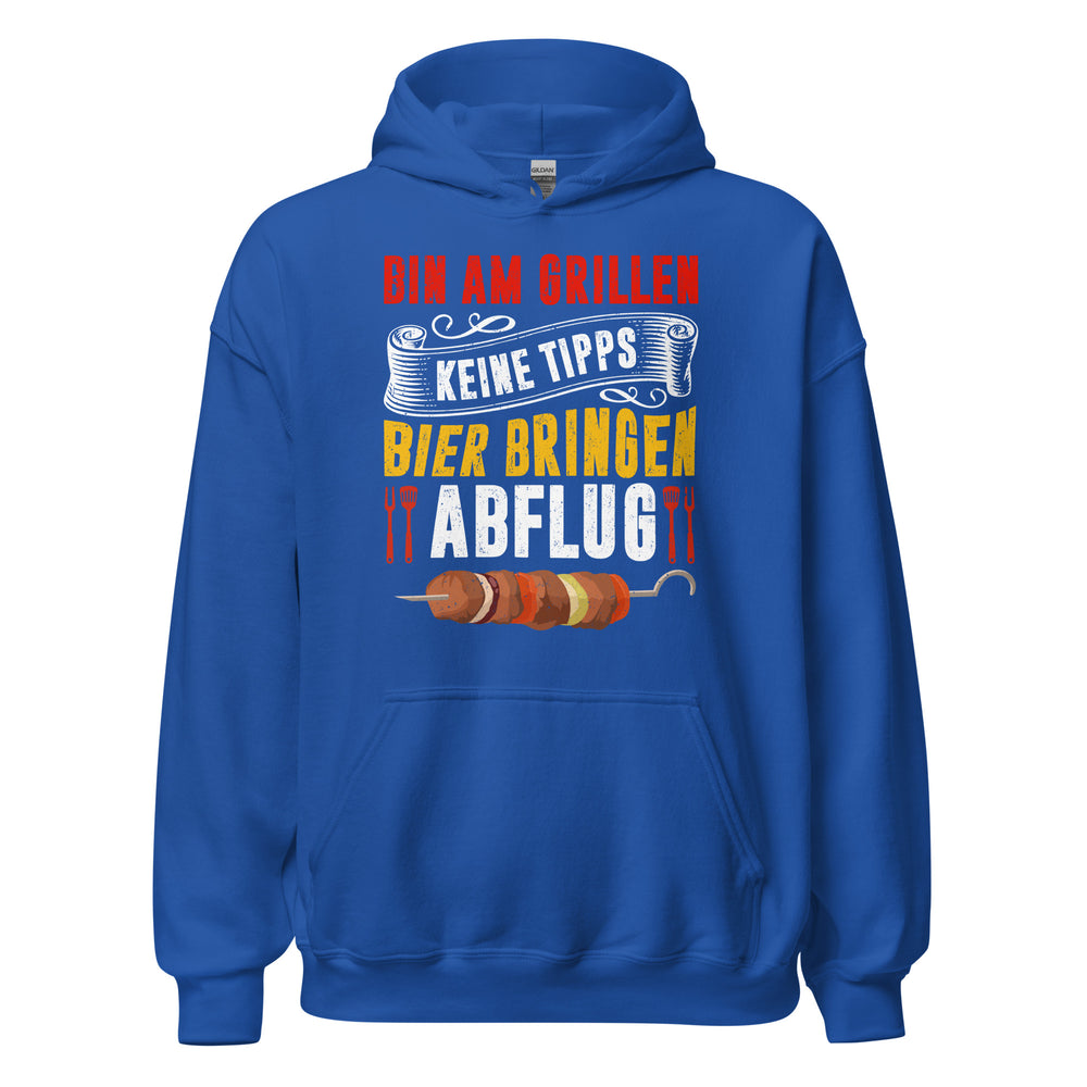 Trendiger Grill-Kapuzenpullover | Spruch: "Bin am Grillen! Keine Tipps! Bier bringen! Abflug!"