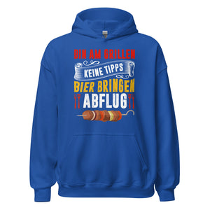 Trendiger Grill-Kapuzenpullover | Spruch: "Bin am Grillen! Keine Tipps! Bier bringen! Abflug!"