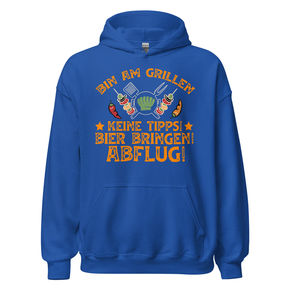 Cooler Grill-Kapuzenpullover | Spruch: "Bin am Grillen! Keine Tipps! Bier bringen, Abflug!"