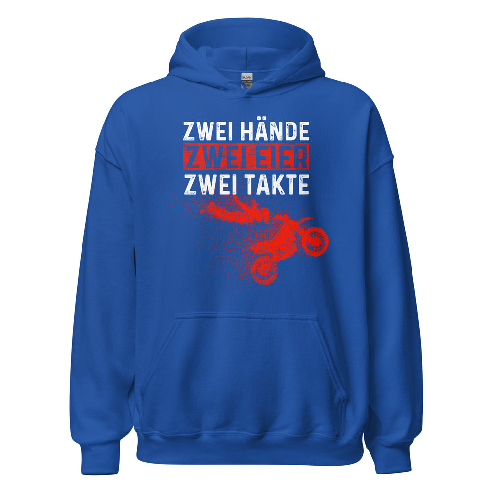 Lustiger Motocross Kapuzenpullover: "Zwei Hände, Zwei Eier, Zwei Takte - Motocross Action!"