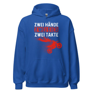 Lustiger Motocross Kapuzenpullover: "Zwei Hände, Zwei Eier, Zwei Takte - Motocross Action!"