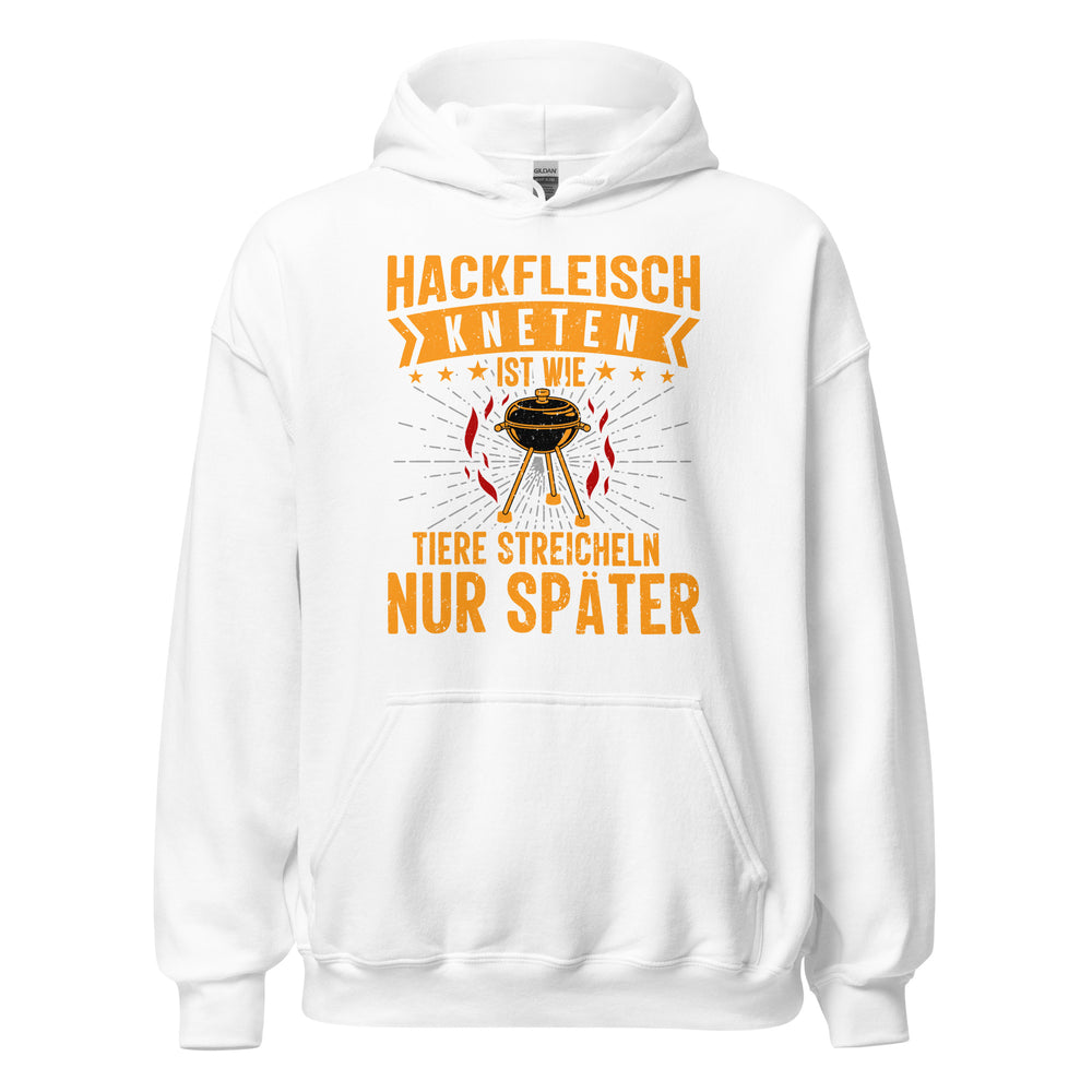 Witziger Hackfleisch-Kapuzenpullover | Spruch: "Hackfleisch kneten, wie Tiere streicheln"