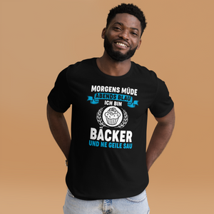 Bäcker T-Shirt mit witzigem Spruch "Morgens müde, Abends blau