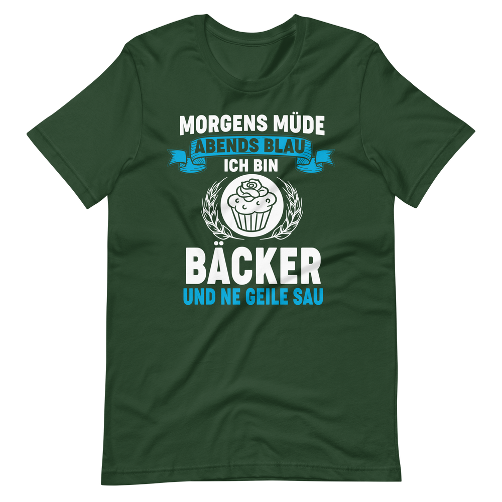 Bäcker T-Shirt mit witzigem Spruch "Morgens müde, Abends blau