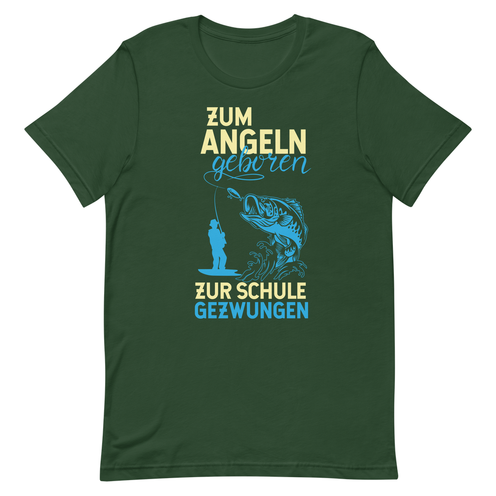 Kaufe jetzt mein lustiges T-Shirt "Angeln geboren, Schule gezwungen"