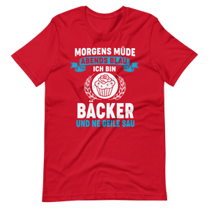 Bäcker T-Shirt mit witzigem Spruch "Morgens müde, Abends blau