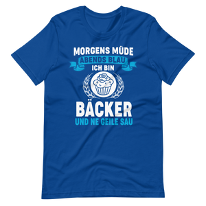 Bäcker T-Shirt mit witzigem Spruch "Morgens müde, Abends blau