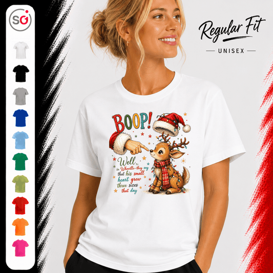 Weihnachts-T-Shirt mit süßem Rentier, Santa 'Boop' und herzerwärmendem Whoville-Zitat - StyleOne
