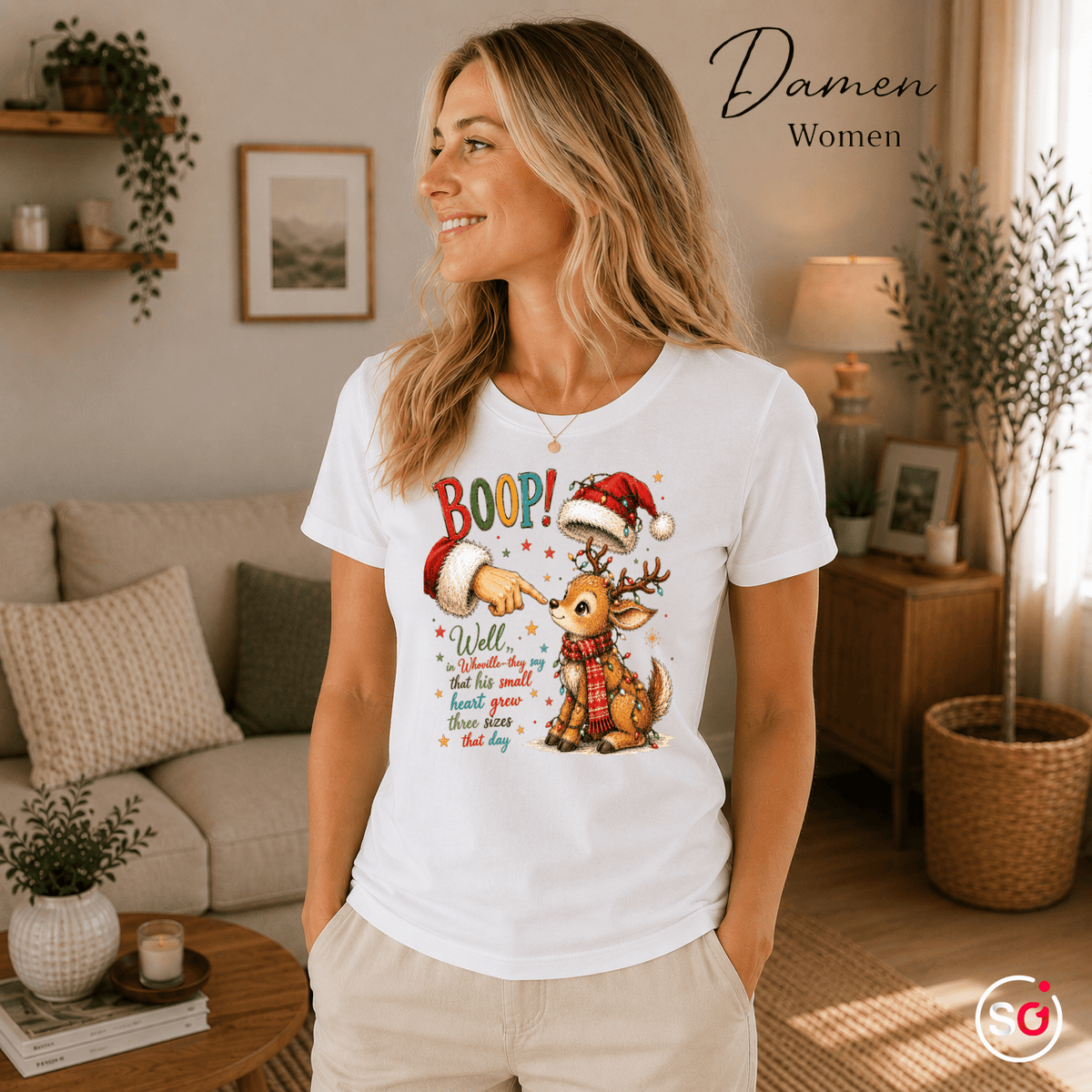 Weihnachts-T-Shirt mit süßem Rentier, Santa 'Boop' und herzerwärmendem Whoville-Zitat - StyleOne