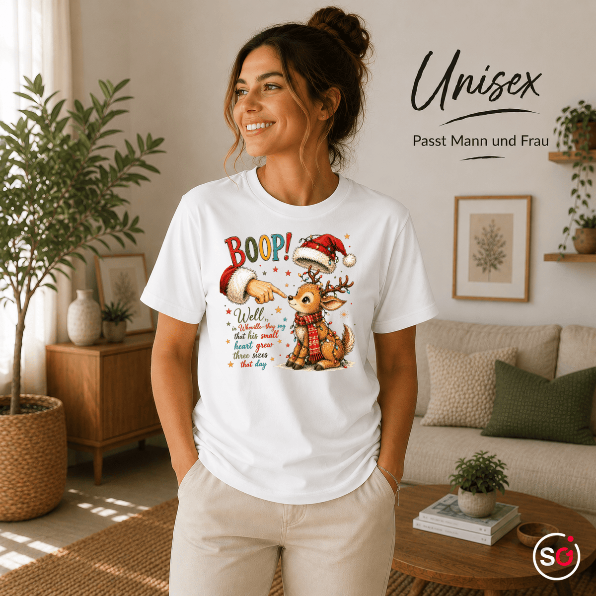 Weihnachts-T-Shirt mit süßem Rentier, Santa 'Boop' und herzerwärmendem Whoville-Zitat - StyleOne