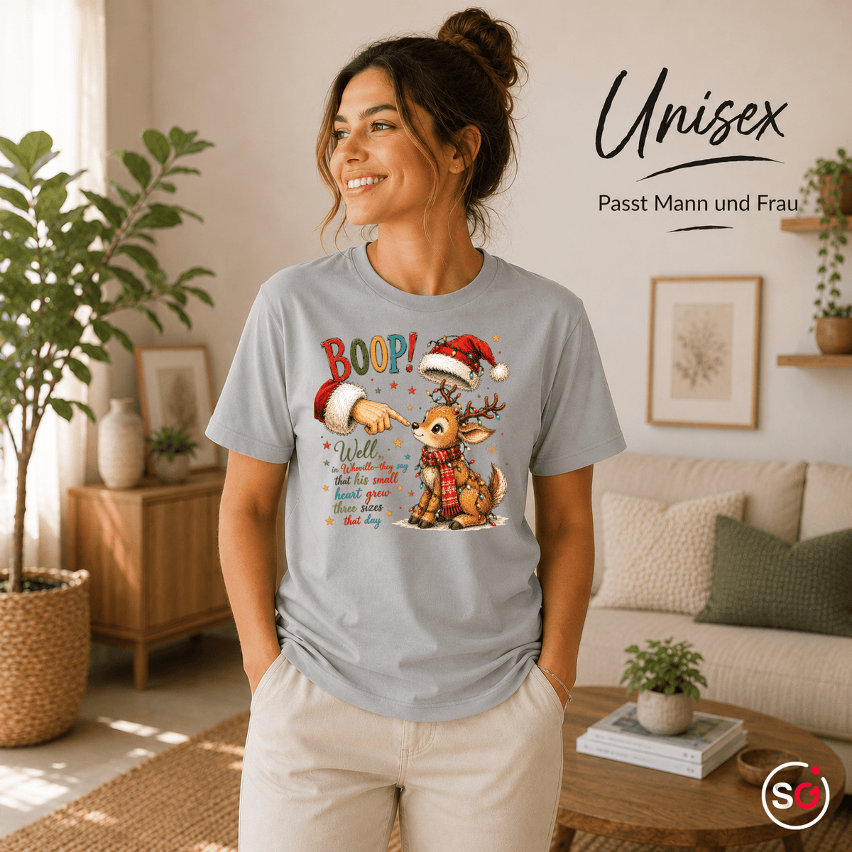 Weihnachts-T-Shirt mit süßem Rentier, Santa 'Boop' und herzerwärmendem Whoville-Zitat - StyleOne