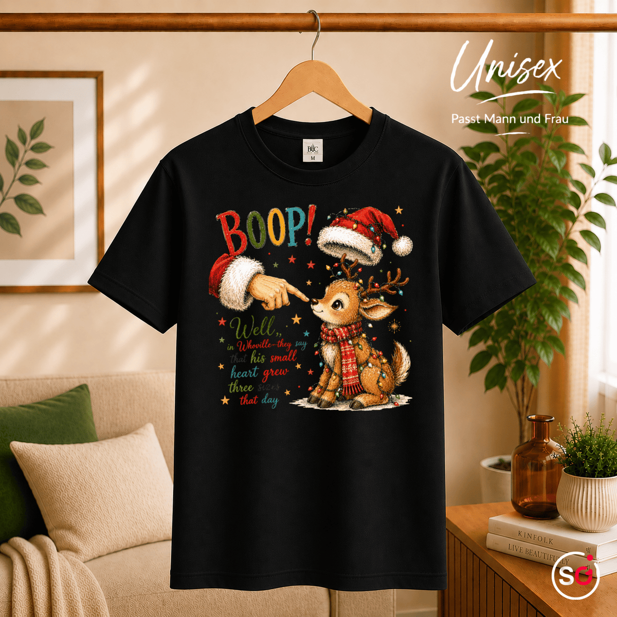 Weihnachts-T-Shirt mit süßem Rentier, Santa 'Boop' und herzerwärmendem Whoville-Zitat - StyleOne